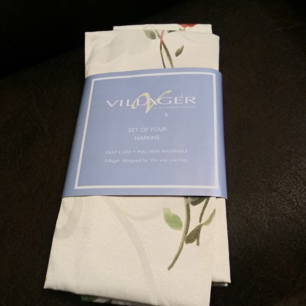 Liz Claiborne 4 Cloth Napkins Villager Rose Garden Cream Floral New 2004 Smo